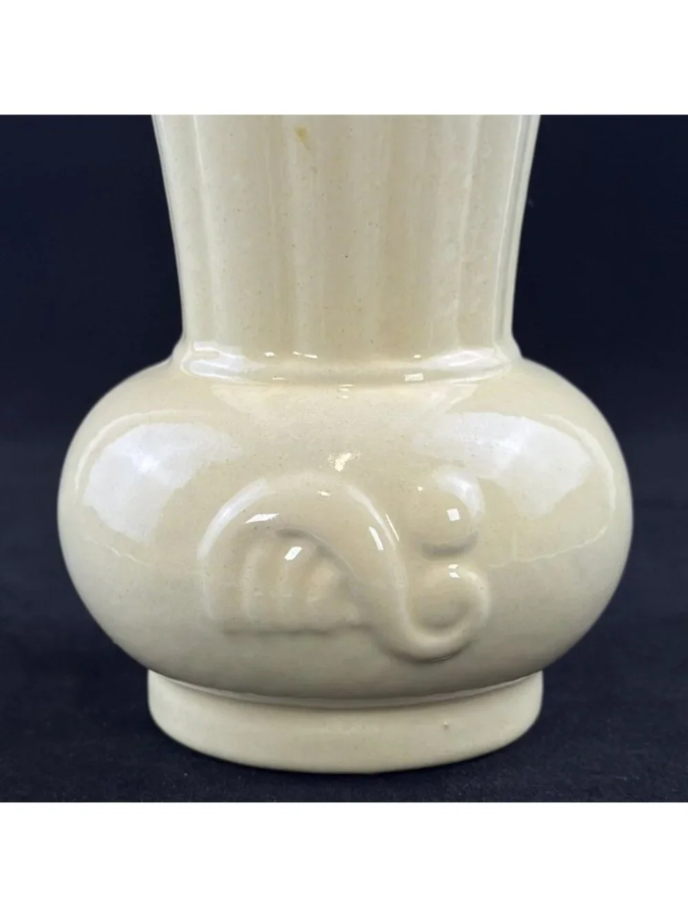 Vintage Cream Ceramic Vase Scalloped Rim Embossed Scroll 6.5” Tall Pottery